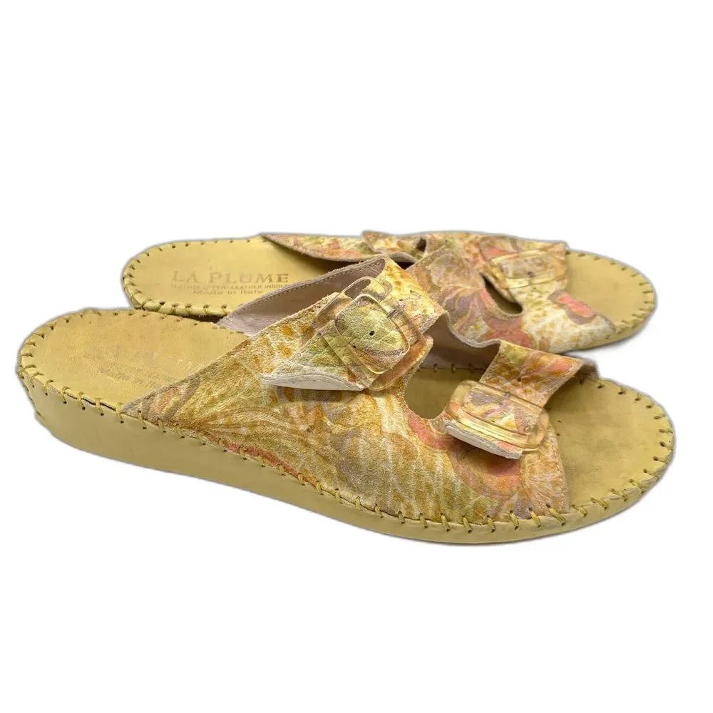 La Plume Floral Leather Yellow Slip on  Made in Italy Sandals Size 9 EUR 40 - Picture 2 of 13